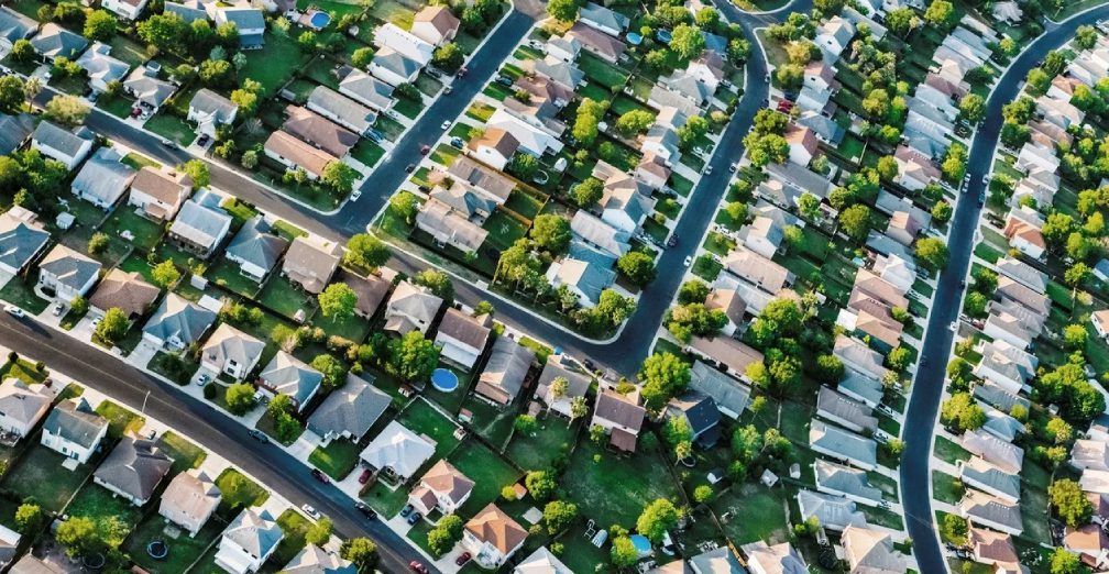 Residential area with green lawns