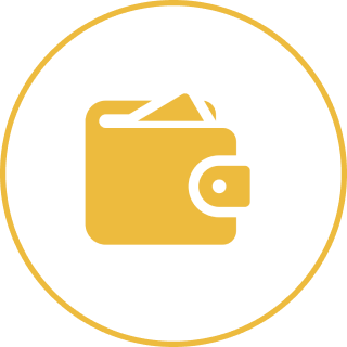 Yellow icon of a wallet with a clasp on an orange circular background.